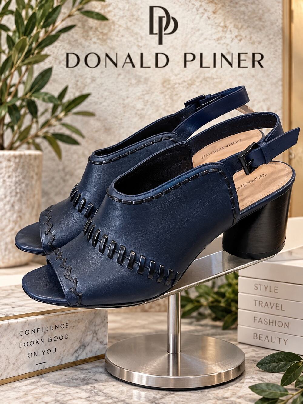 Donald Pliner Navy Leather Whipstitch Slingback Sandals Size 9.5M